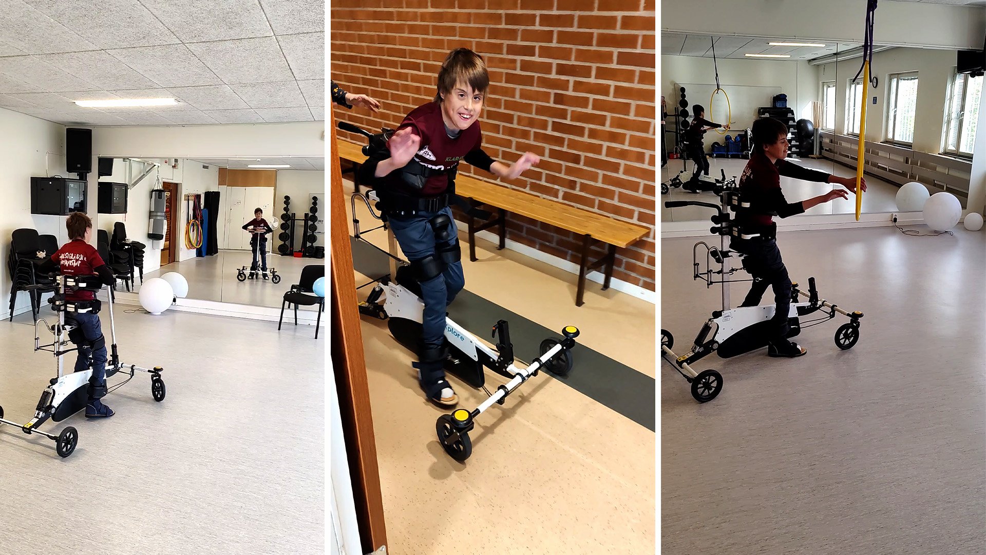 Ein Kind nutzt das Mobilitätshilfsmittel Xplore während einer Therapie in Innenräumen, steht aufrecht und übt Gleichgewicht und Bewegung in einem Trainingsraum.