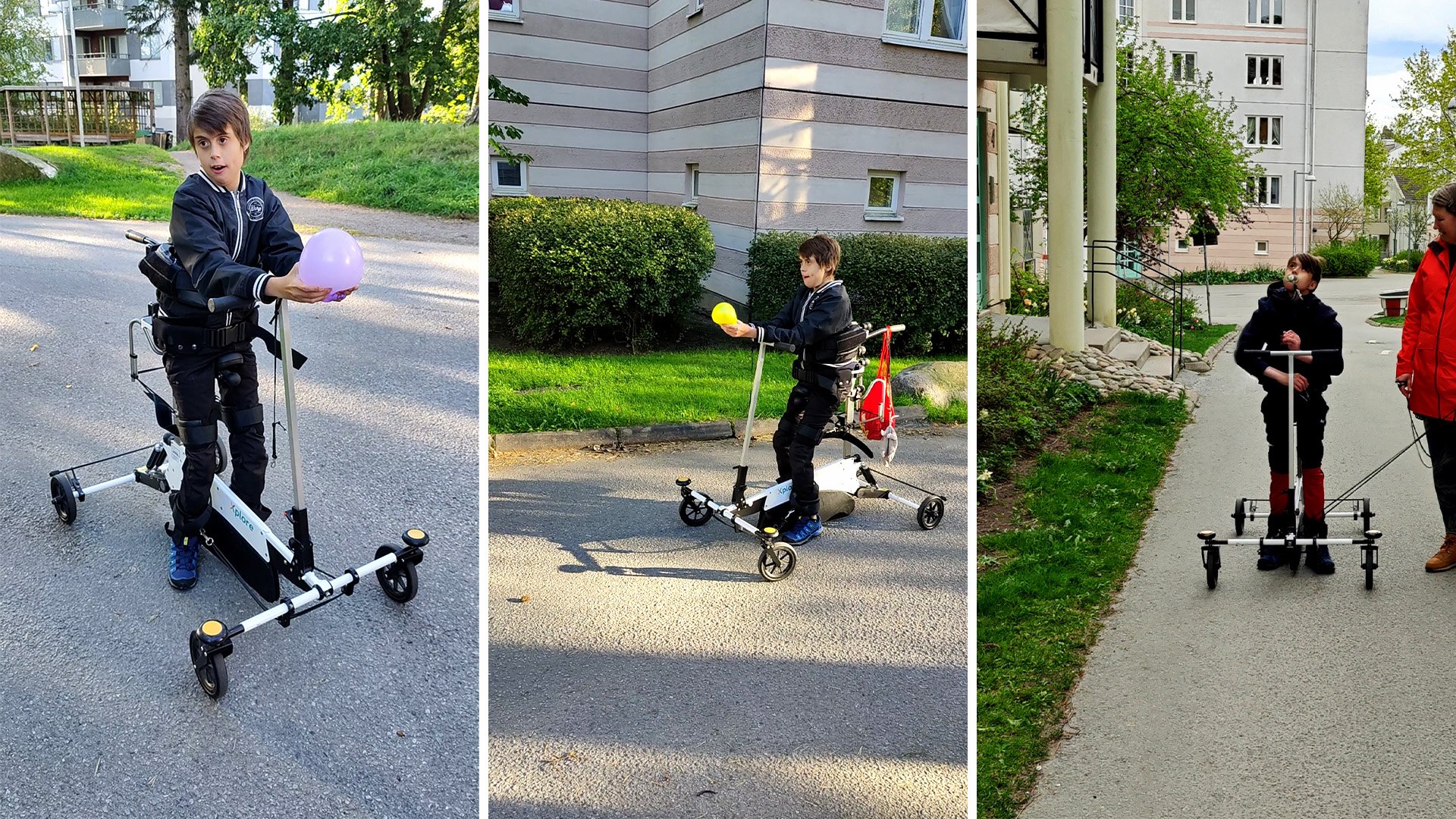 Ein Kind nutzt das Mobilitätshilfsmittel Xplore im Freien, bewegt sich selbstständig und spielt mit einem Ballon auf einem Gehweg.
